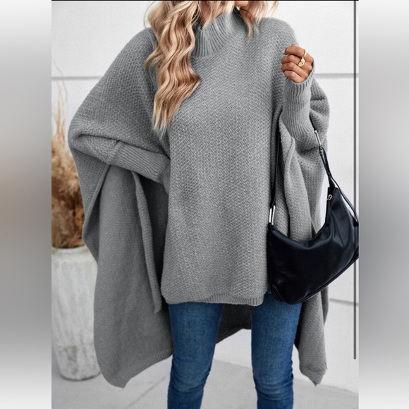 Cozy Mock Neck Dolman Sleeve High Low Hem knit Sweater Cape - Picture 4 of 16